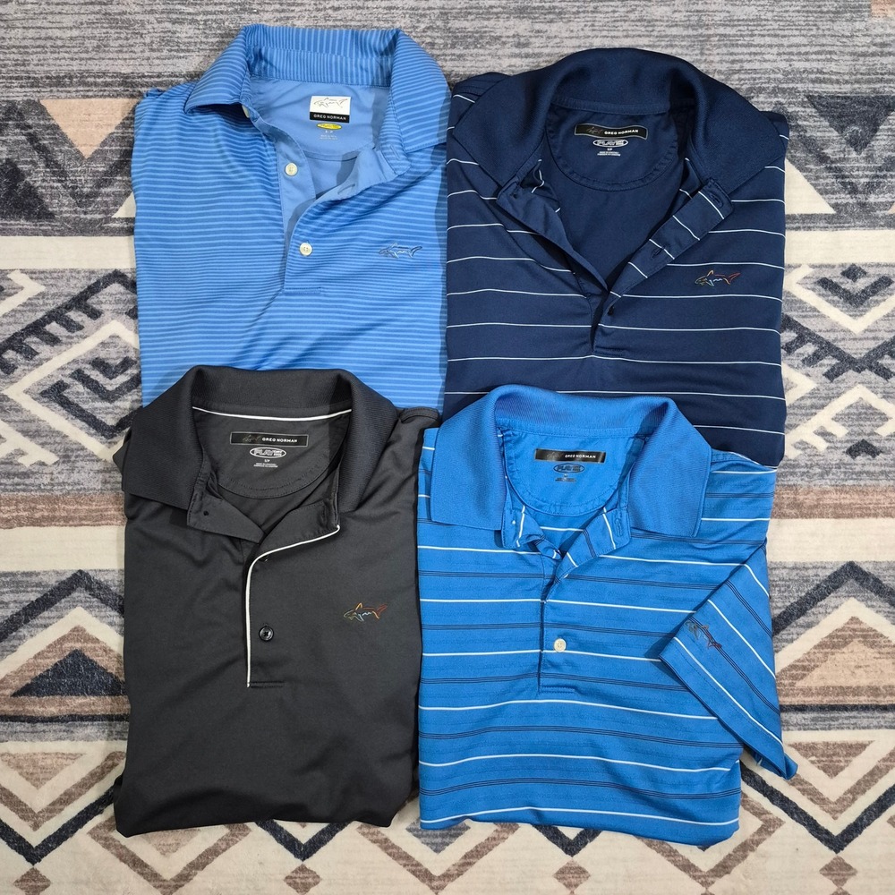 Greg Norman Play Dry Mens Polo Shirt Bundle Size Small Blue Grey Striped 4 Pack